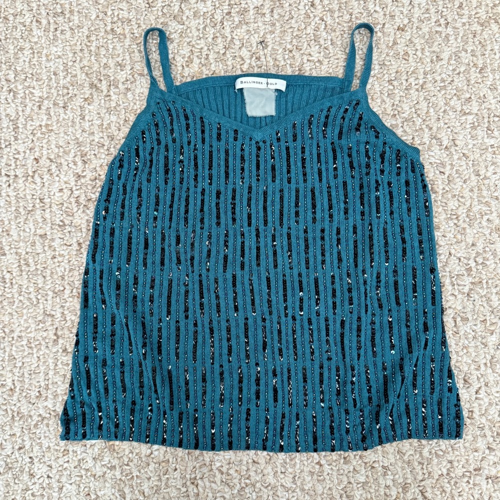 Ballinger Gold Women Sequin Tank Top‎ V Neck Stretch Glam Ribbed
